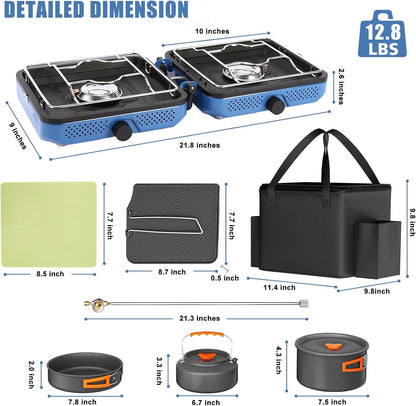 Camping Stove 2 Burner Foldable Propane Camping Stove with Cookware | 30000 BTU Perfect for Camping Backyard Tailgating,Portable Gas Stove with Cookware Set and Carry Bag, Outdoor Use,Blue