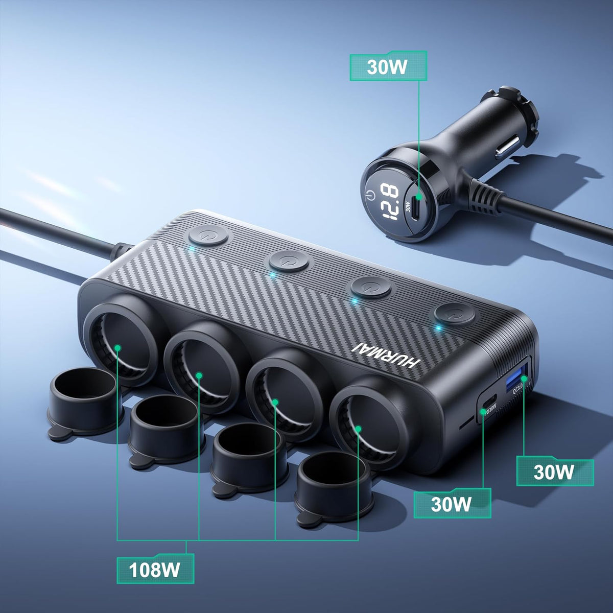 Cigarette Lighter Splitter 216W 4 Socket USB C Car Adapter | 216W PD30W & QC3.0 USB-C Fast Charge. 4 Sockets. 12V/24V. Independent Switches for Each Socket, Durable for Trucks/Cars.