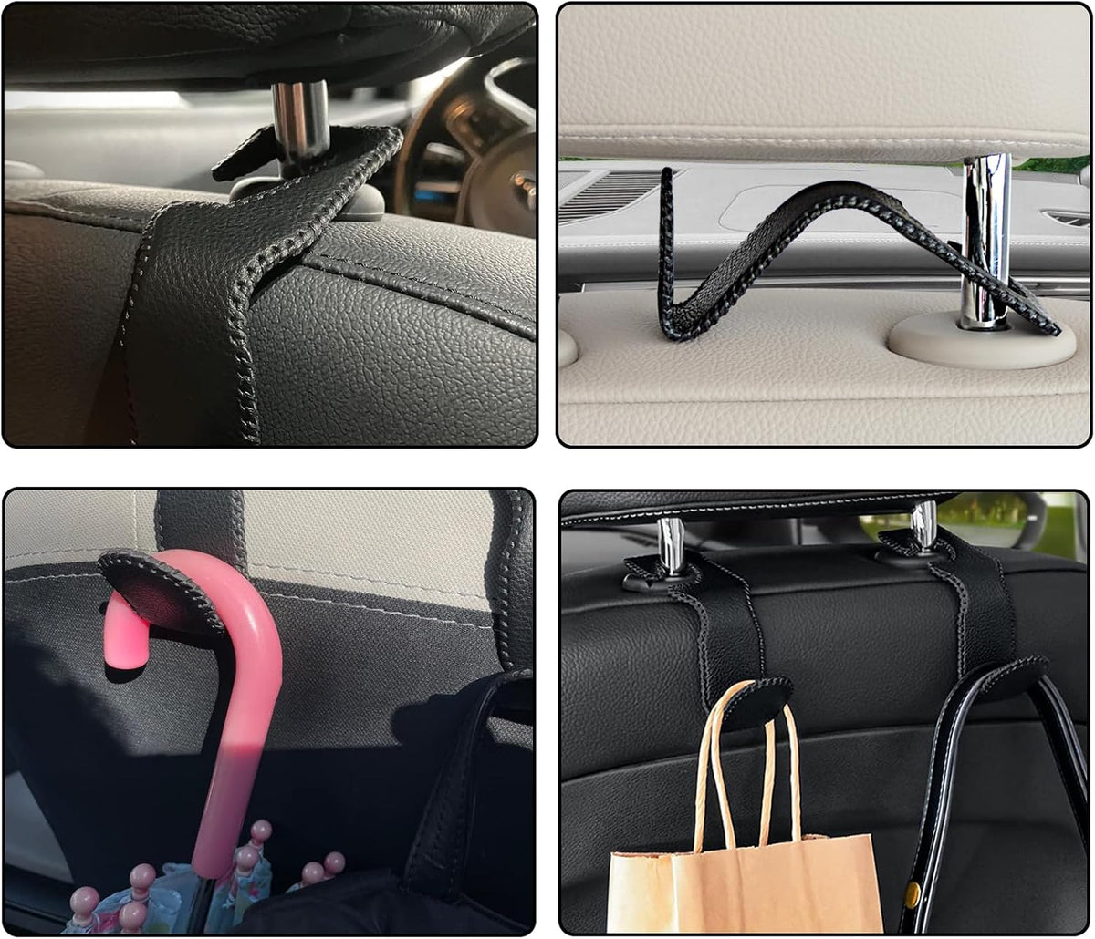 Car Headrest Hooks, 2 Pack Leather Car Purse Holder, Car Back Seat Organizer for Purse Coats Umbrellas Groceries