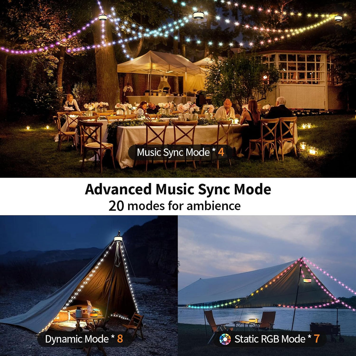 Camping String Lights, 3 in 1 Upgraded Retractable RGB Outdoor String Lights with 19 Lighting Modes, Quick 30S Recovery, 32.8 FT Portable Tent Lights, Rechargeable Camping Lantern (Black)