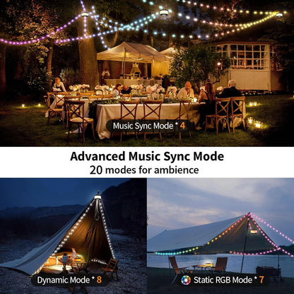 Camping String Lights, 3 in 1 Upgraded Retractable RGB Outdoor String Lights with 19 Lighting Modes, Quick 30S Recovery, 32.8 FT Portable Tent Lights, Rechargeable Camping Lantern (Black)