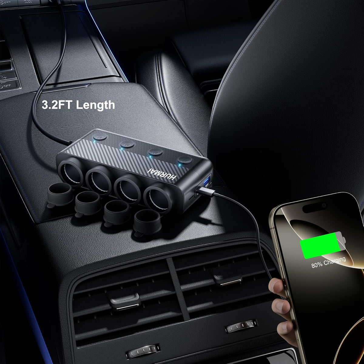 Cigarette Lighter Splitter 216W 4 Socket USB C Car Adapter | 216W PD30W & QC3.0 USB-C Fast Charge. 4 Sockets. 12V/24V. Independent Switches for Each Socket, Durable for Trucks/Cars.
