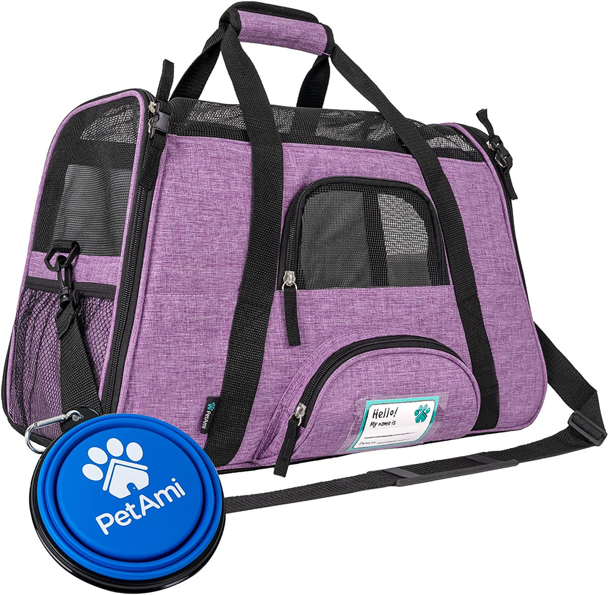 Airline Approved Pet Carrier Cats & Small Dogs, Small Heather Purple | Soft Sided TSA Travel Bag, Sherpa Bed, Breathable Mesh Ventilation, Collapsible Bowl, Fits under Seat, up to 18 Lbs