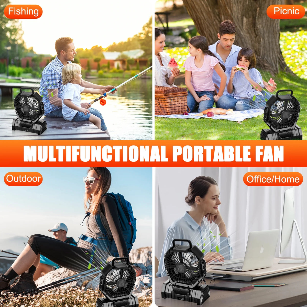 Camping Fan,Portable Fan with LED Lantern,20000Mah Rechargeable Battery Powered Fan with 270°Head Rotation, 4 Speed Tents Fan for Camping Picnic, Barbecue, Fishing, Travel, Home, Black