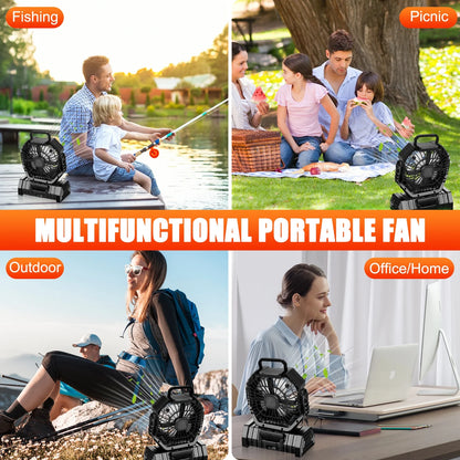 Camping Fan,Portable Fan with LED Lantern,20000Mah Rechargeable Battery Powered Fan with 270°Head Rotation, 4 Speed Tents Fan for Camping Picnic, Barbecue, Fishing, Travel, Home, Black