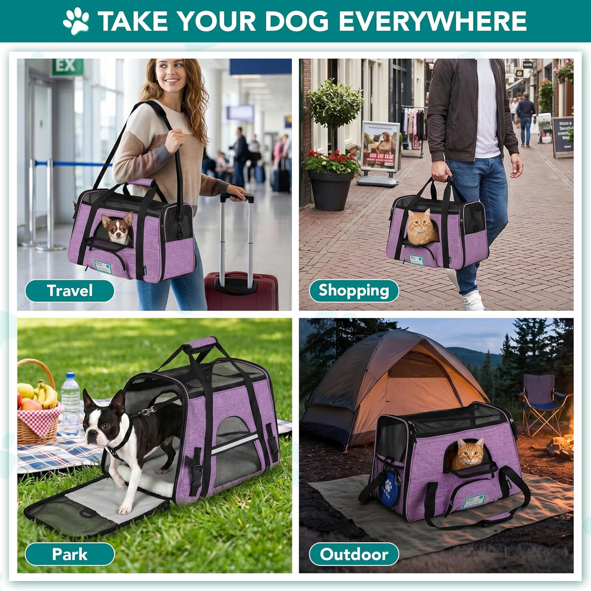 Airline Approved Pet Carrier Cats & Small Dogs, Small Heather Purple | Soft Sided TSA Travel Bag, Sherpa Bed, Breathable Mesh Ventilation, Collapsible Bowl, Fits under Seat, up to 18 Lbs