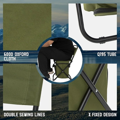 Green Large Portable Folding Camping Chair,Aluminum Alloy Bracket， Lightweight Backrest with Storage Bag, Heavy Duty Load Bearing Outdoor Seat for Camping, Hunting, Fishing, Hiking, Beach
