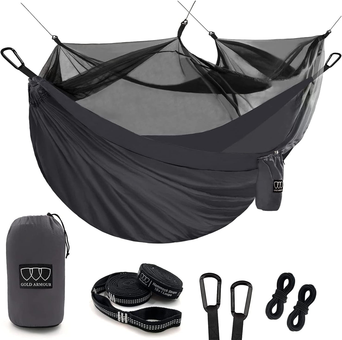 Camping Hammock - Camping Essentials, Double Hammock with Bug Net, Camping Gear Hammock for Outside, Hiking, and Travel (Gray)