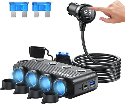 Cigarette Lighter Splitter 216W 4 Socket USB C Car Adapter | 216W PD30W & QC3.0 USB-C Fast Charge. 4 Sockets. 12V/24V. Independent Switches for Each Socket, Durable for Trucks/Cars.