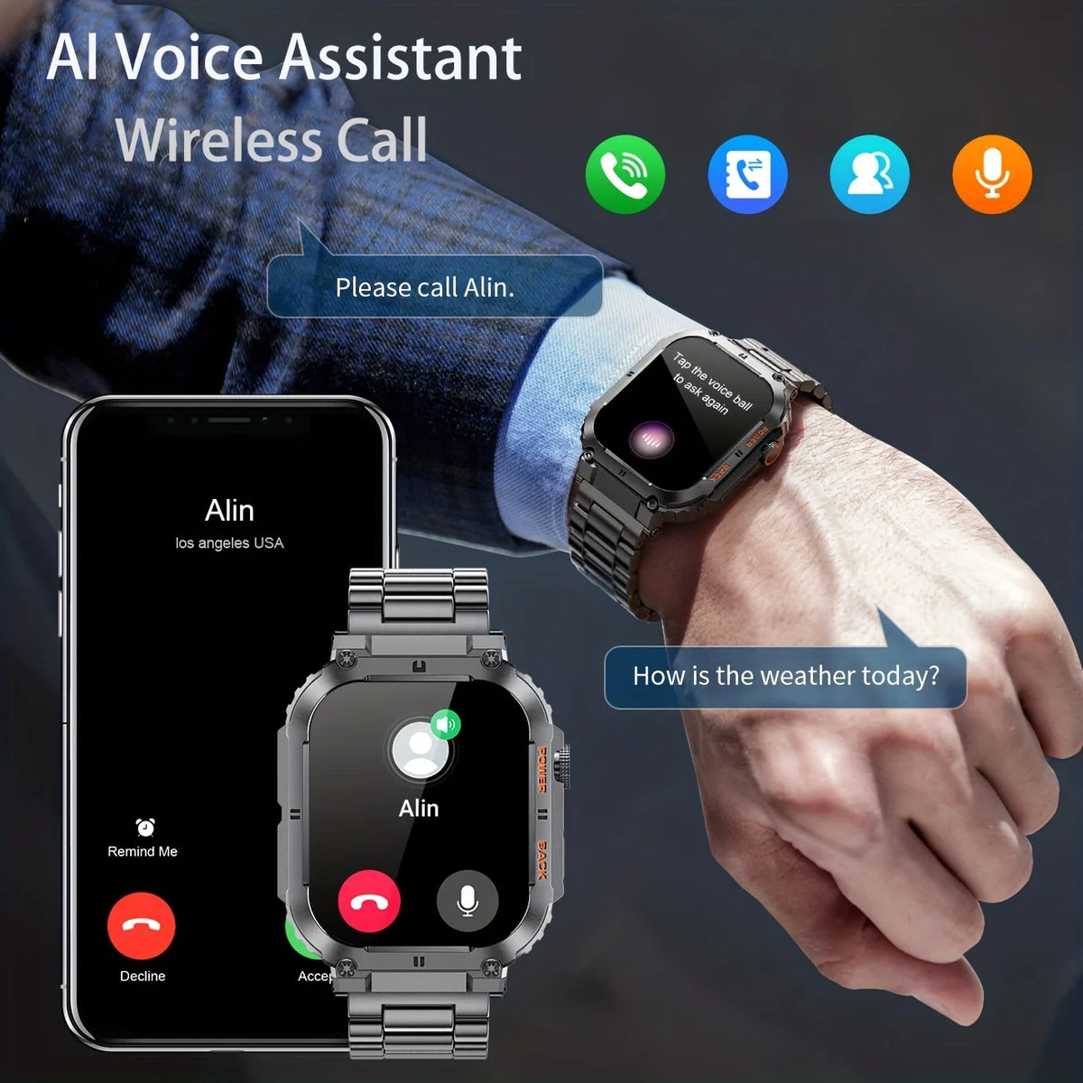 Outdoor Sports Fitness Smartwatch for Men 1.96 Inch Screen Bluetooth Calling Waterproof Watches Blood Oxygen Reloj Hombre