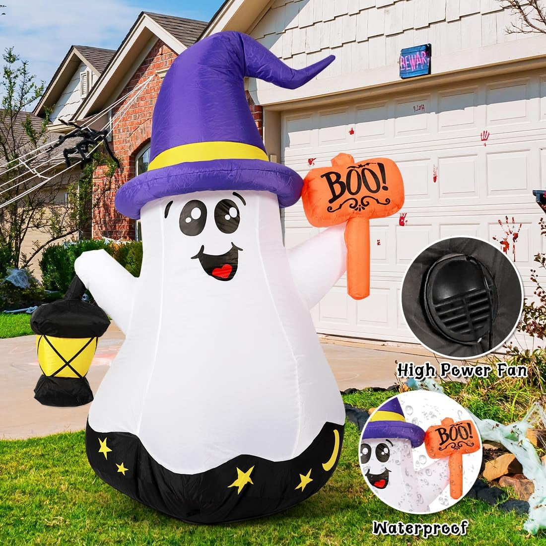 5 FT Halloween Inflatables Ghost Outdoor Decorations Blow up Yard Cute Wizard Ghost with Hand-Held Light with Built-In Leds for Garden Lawn Indoor Party Decor
