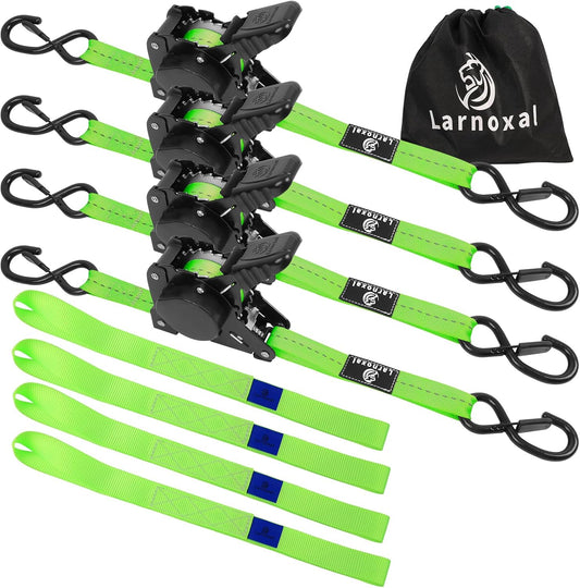 Retractable Ratchet Straps 4 Pack-1,500 Lbs Break Strength, Green | 1 in X 10 Ft Heavy Duty Retractable Ratchet Tie down Straps with S Hooks Set for Truck, Cargo Van, Trailer, Motorcycle