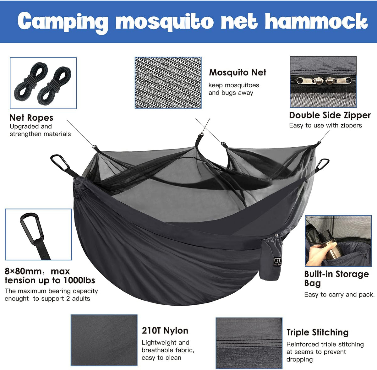 Camping Hammock - Camping Essentials, Double Hammock with Bug Net, Camping Gear Hammock for Outside, Hiking, and Travel (Gray)