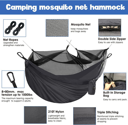 Camping Hammock - Camping Essentials, Double Hammock with Bug Net, Camping Gear Hammock for Outside, Hiking, and Travel (Gray)