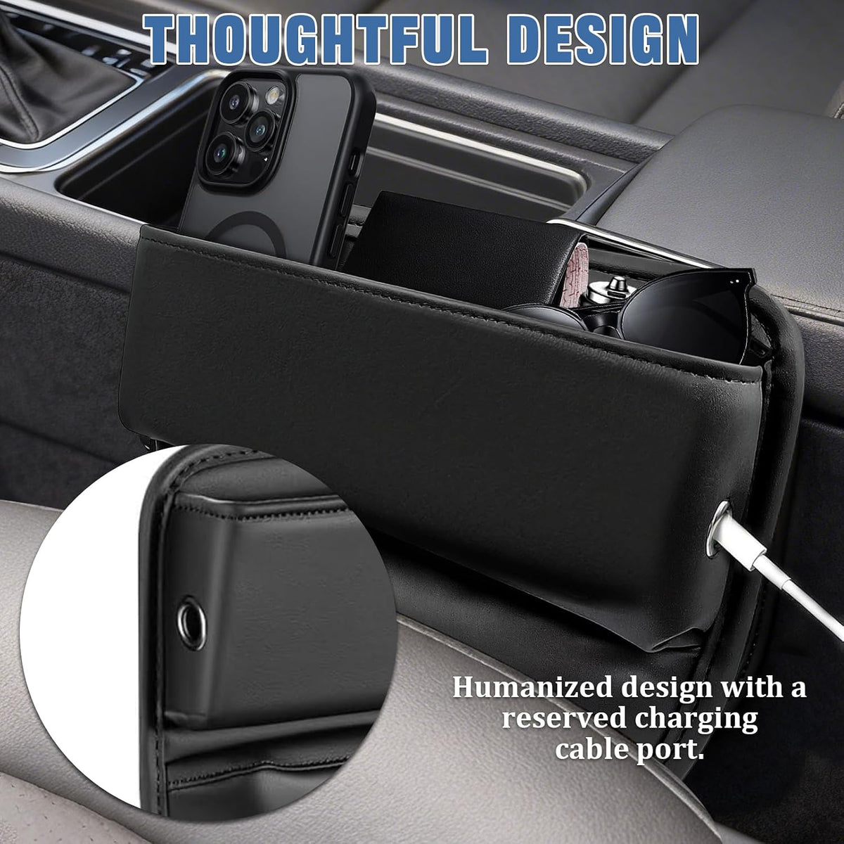 2 PCS Car Seat Gap Filler Organizer with Card Slots for Suv, Truck (Black) | Premium Leather Car Seat Gap Organizer Holder Women & Men, Cars Essentials for Phones, Cards, Keys