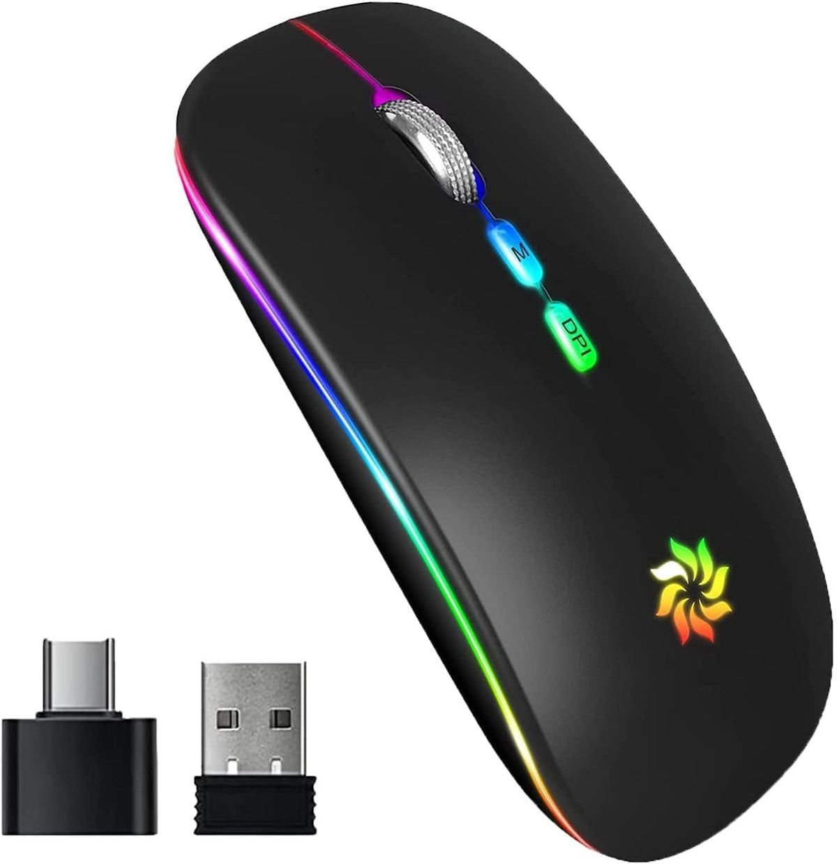 Wireless Mouse 2.4G, Black | LED Backlit Wireless Mouse, Slim Silent Rechargeable Wireless Mouse for Laptop, Computer, Macbook, with USB & Type-C Receiver
