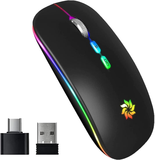 Wireless Mouse 2.4G, Black | LED Backlit Wireless Mouse, Slim Silent Rechargeable Wireless Mouse for Laptop, Computer, Macbook, with USB & Type-C Receiver