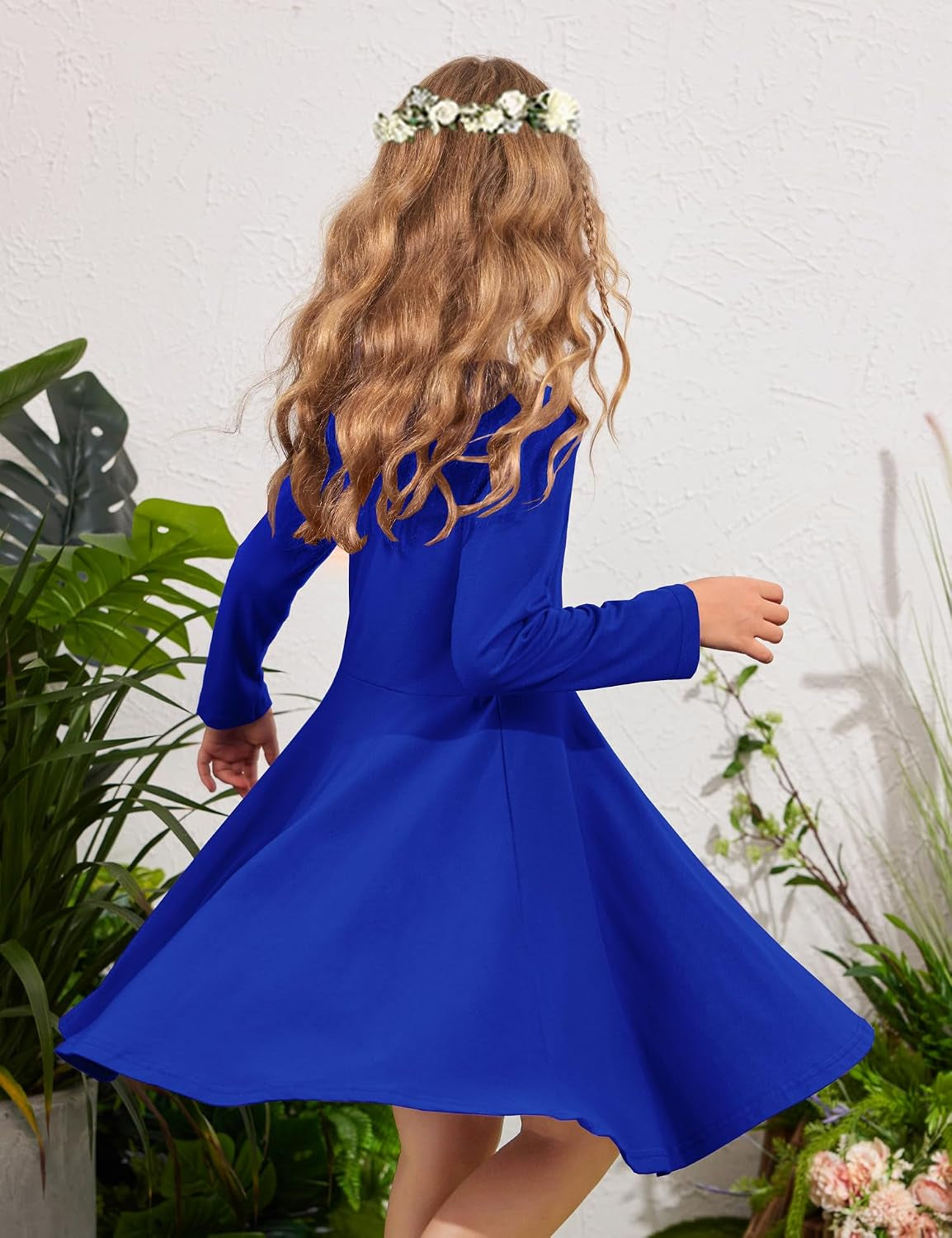 Girls Long Sleeve Stretchy a Line Twirly Skater School Party Dress | Girls Tween Holiday T-Shirt Classic Cotton Fall Winter Dress for Kids 1-14 Years