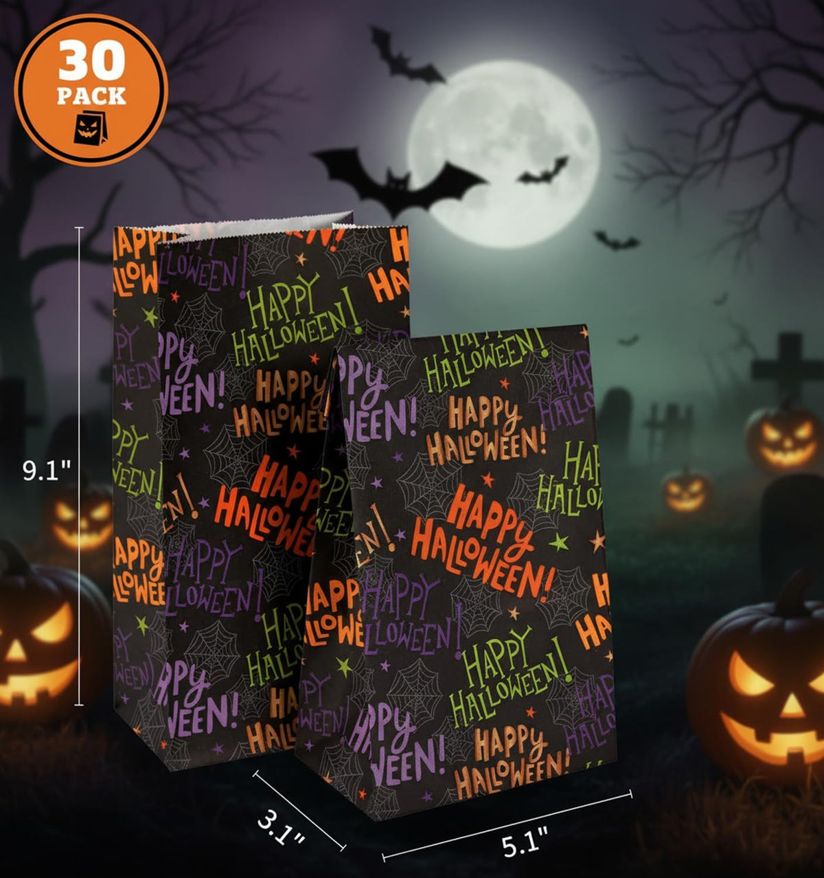 30-Pack Halloween Treat Bags for Kids Party Favor Bags, 9.1 X 5.1 X 3.1 Inch Paper Goodie Bags with Spider Web Design
