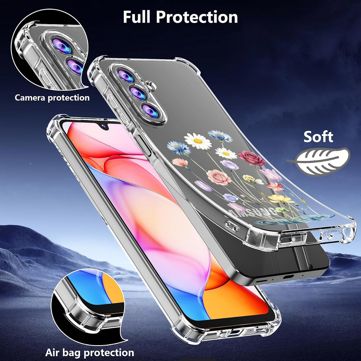Phone Case for Samsung Galaxy A17 5G Case, Samsung A17 5G Case with Tempered Glass Screen Protector, Soft Flexible TPU Slim Fit Shockproof Phone Cover for Women Men Girl Boy (Clear-Flower)