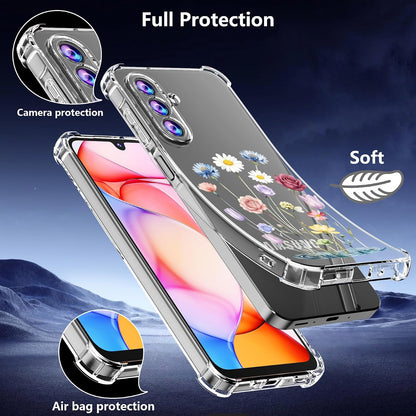 Phone Case for Samsung Galaxy A17 5G Case, Samsung A17 5G Case with Tempered Glass Screen Protector, Soft Flexible TPU Slim Fit Shockproof Phone Cover for Women Men Girl Boy (Clear-Flower)