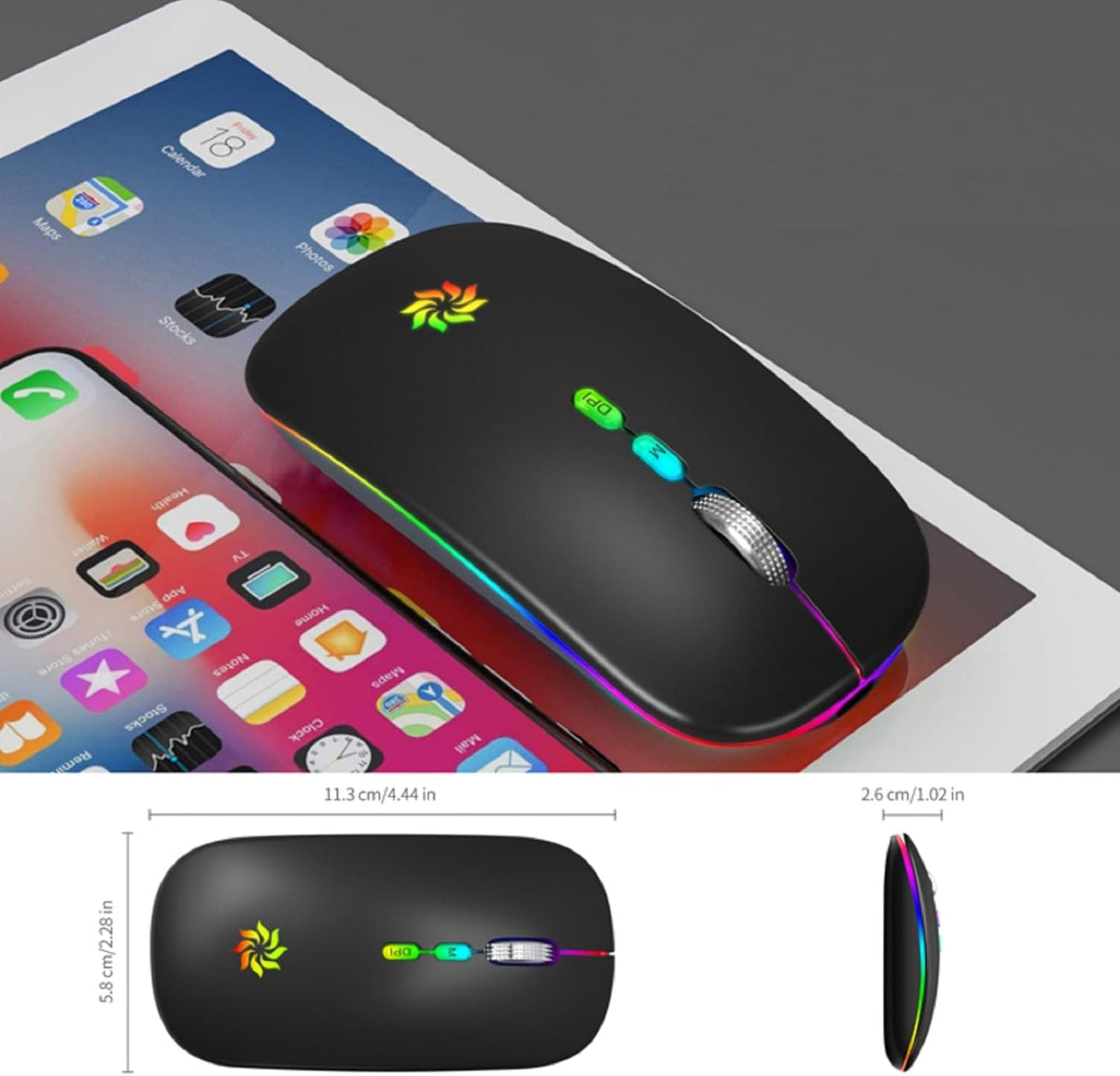 Wireless Mouse 2.4G, Black | LED Backlit Wireless Mouse, Slim Silent Rechargeable Wireless Mouse for Laptop, Computer, Macbook, with USB & Type-C Receiver