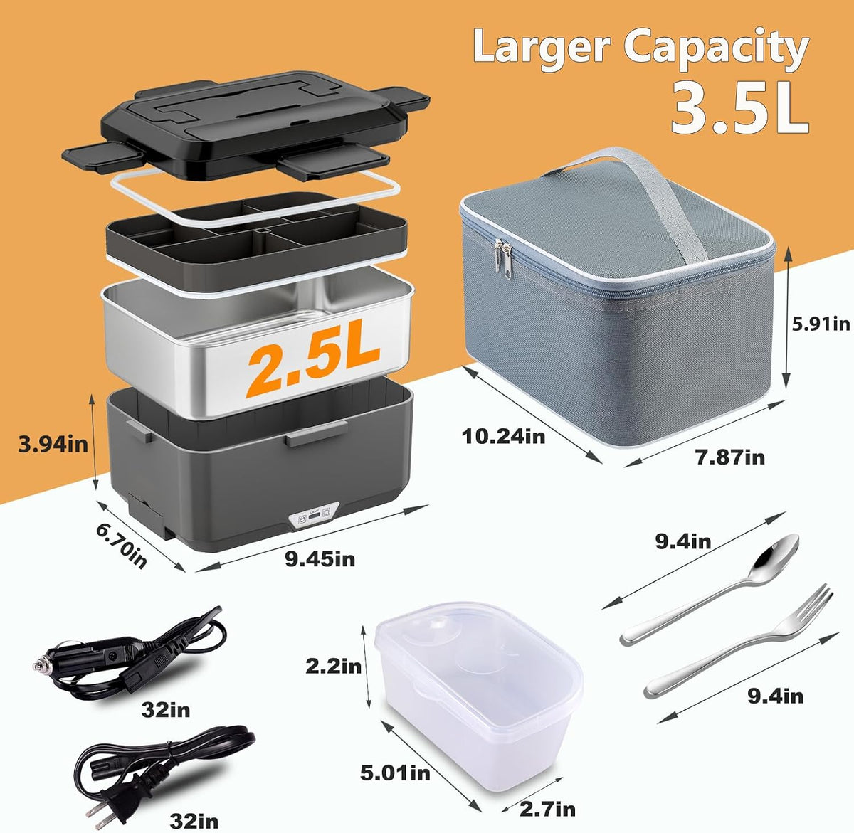 Electric Lunch Box for Adults Men 100W 3.5L, 12V/24V/110V | Portable Heated Lunch Box, 304 Stainless Steel & PP Material, Leak-Proof, Fast Heating, with Bag for Car Truck Office Work