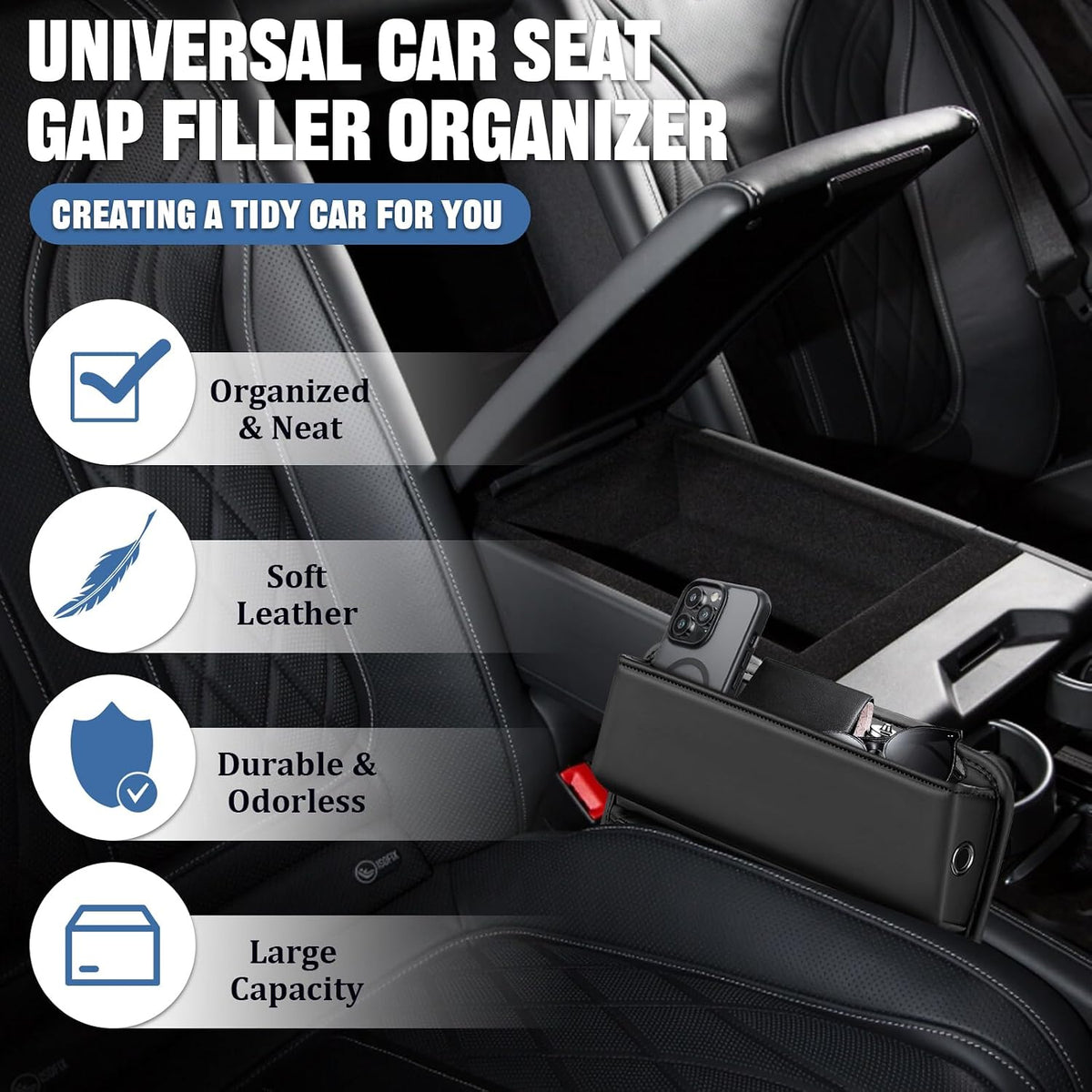 2 PCS Car Seat Gap Filler Organizer with Card Slots for Suv, Truck (Black) | Premium Leather Car Seat Gap Organizer Holder Women & Men, Cars Essentials for Phones, Cards, Keys