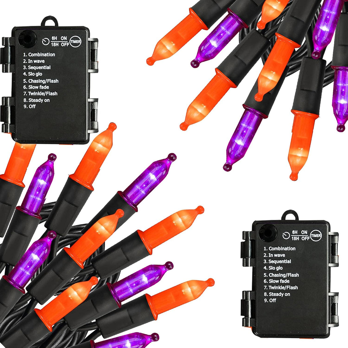Battery Operated Halloween Lights, 2 Pack Total 100 LED 32 FT Orange and Purple Lights Outdoor, Waterproof Mini String Light with 8 Modes, Halloween Decorations for Indoor Patio Party Decor