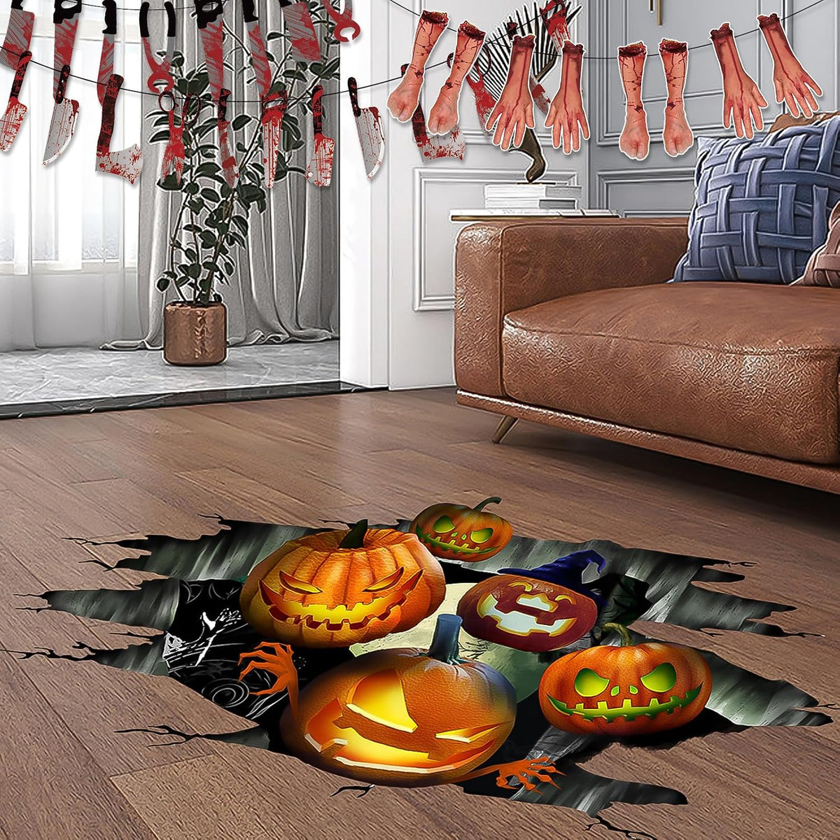 Halloween Floor Stickers, 3D Halloween Floor Decoration, Halloween Wall Window Decals Removable, Halloween Pumpkin Decoration Stickers, Halloween Scary Stickers for Home Office Party Decors