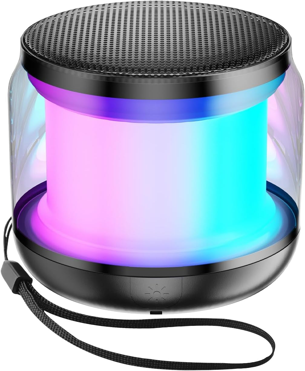 Mini Portable Bluetooth Speaker, TWS Pairing Bass LED Lights, Rechargeable | Long Playtime, Stereo Sound, BT 5.3, Home & Outdoor, AUX Input, TF Card, Lanyard, Christmas Birthday Gifts for Men Women Kids