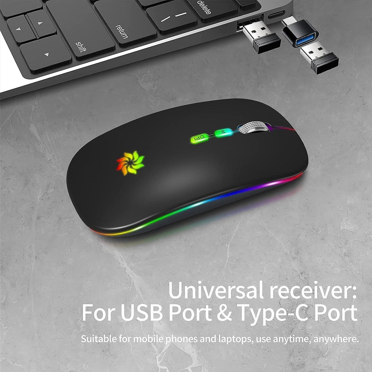Wireless Mouse 2.4G, Black | LED Backlit Wireless Mouse, Slim Silent Rechargeable Wireless Mouse for Laptop, Computer, Macbook, with USB & Type-C Receiver