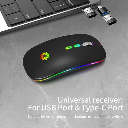 Wireless Mouse 2.4G, Black | LED Backlit Wireless Mouse, Slim Silent Rechargeable Wireless Mouse for Laptop, Computer, Macbook, with USB & Type-C Receiver