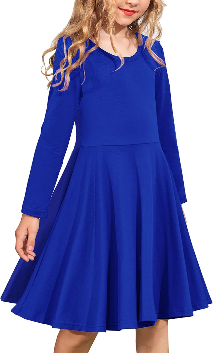 Girls Long Sleeve Stretchy a Line Twirly Skater School Party Dress | Girls Tween Holiday T-Shirt Classic Cotton Fall Winter Dress for Kids 1-14 Years