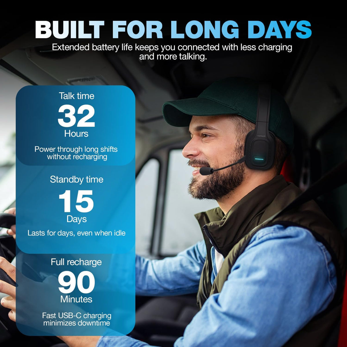 Trucker Bluetooth Headset with Microphone - Wireless Headset with Mic and Noise Canceling Technology, Adjustable Headband, for Truck Drivers, Home Office, Work and Driving
