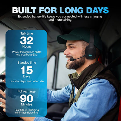Trucker Bluetooth Headset with Microphone - Wireless Headset with Mic and Noise Canceling Technology, Adjustable Headband, for Truck Drivers, Home Office, Work and Driving