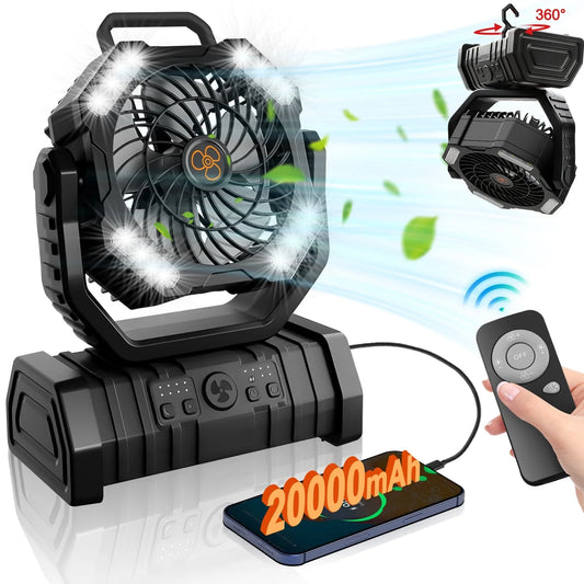 Camping Fan,Portable Fan with LED Lantern,20000Mah Rechargeable Battery Powered Fan with 270°Head Rotation, 4 Speed Tents Fan for Camping Picnic, Barbecue, Fishing, Travel, Home, Black