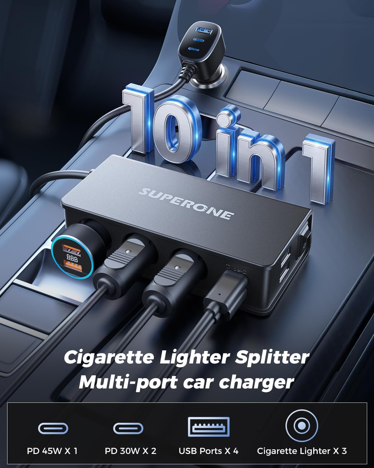 10 in 1 Cigarette Lighter Splitter,  3-Socket Adapter with 7 Ports | PD45W USB-C Fast Charging, Cigarette Lighter Adapter, 12V/24V USB C Car Charger Splitter, for Truck SUV RV Laptop Iphone GPS