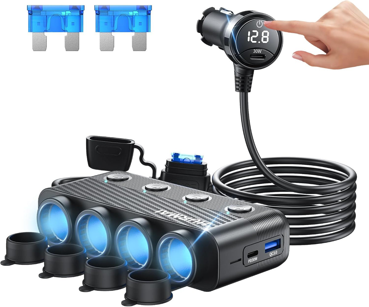 Cigarette Lighter Splitter 216W 4 Socket USB C Car Adapter | 216W PD30W & QC3.0 USB-C Fast Charge. 4 Sockets. 12V/24V. Independent Switches for Each Socket, Durable for Trucks/Cars.