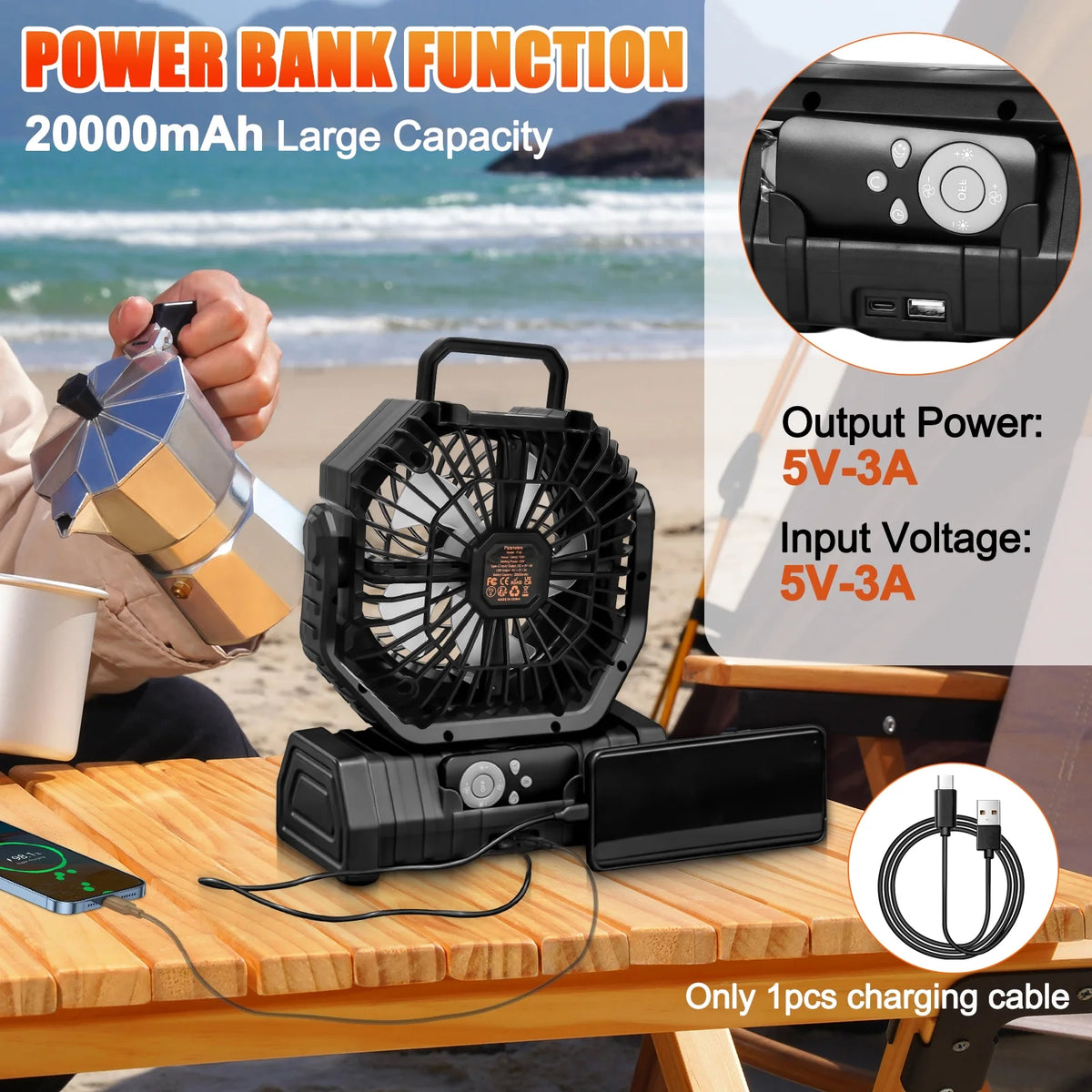 Camping Fan,Portable Fan with LED Lantern,20000Mah Rechargeable Battery Powered Fan with 270°Head Rotation, 4 Speed Tents Fan for Camping Picnic, Barbecue, Fishing, Travel, Home, Black