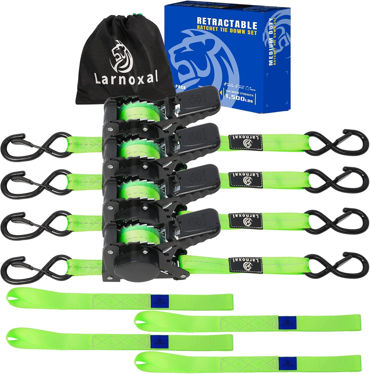 Retractable Ratchet Straps 4 Pack-1,500 Lbs Break Strength, Green | 1 in X 10 Ft Heavy Duty Retractable Ratchet Tie down Straps with S Hooks Set for Truck, Cargo Van, Trailer, Motorcycle