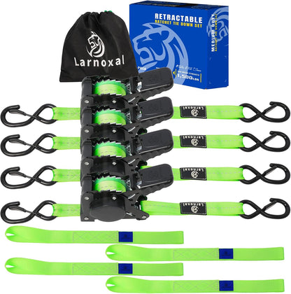 Retractable Ratchet Straps 4 Pack-1,500 Lbs Break Strength, Green | 1 in X 10 Ft Heavy Duty Retractable Ratchet Tie down Straps with S Hooks Set for Truck, Cargo Van, Trailer, Motorcycle