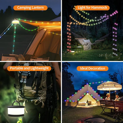 Camping String Lights, 3 in 1 Upgraded Retractable RGB Outdoor String Lights with 19 Lighting Modes, Quick 30S Recovery, 32.8 FT Portable Tent Lights, Rechargeable Camping Lantern (Black)