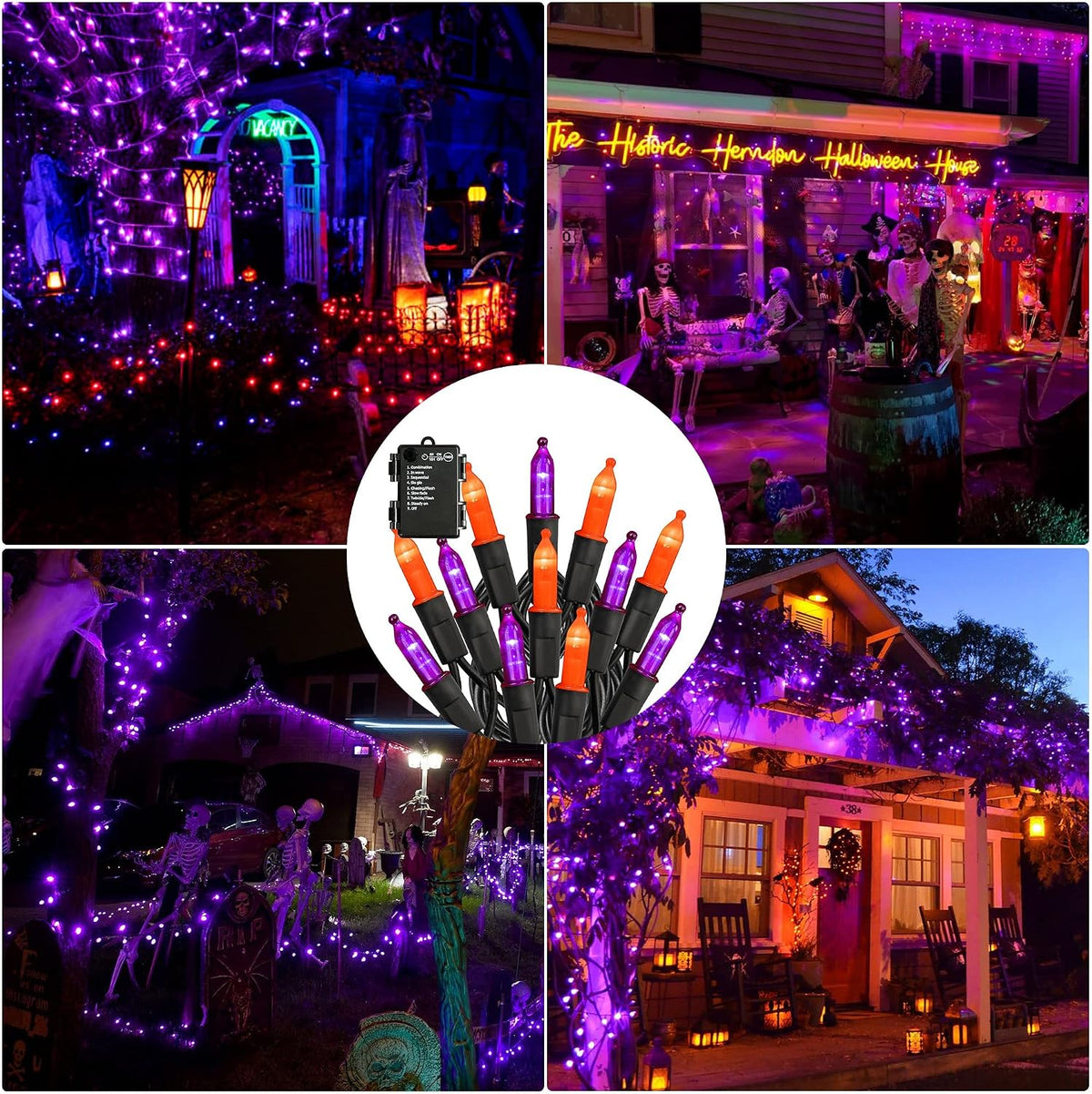 Battery Operated Halloween Lights, 2 Pack Total 100 LED 32 FT Orange and Purple Lights Outdoor, Waterproof Mini String Light with 8 Modes, Halloween Decorations for Indoor Patio Party Decor