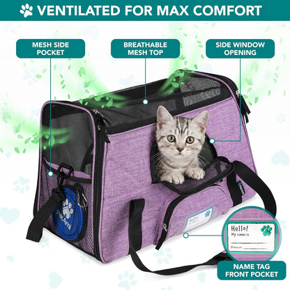 Airline Approved Pet Carrier Cats & Small Dogs, Small Heather Purple | Soft Sided TSA Travel Bag, Sherpa Bed, Breathable Mesh Ventilation, Collapsible Bowl, Fits under Seat, up to 18 Lbs