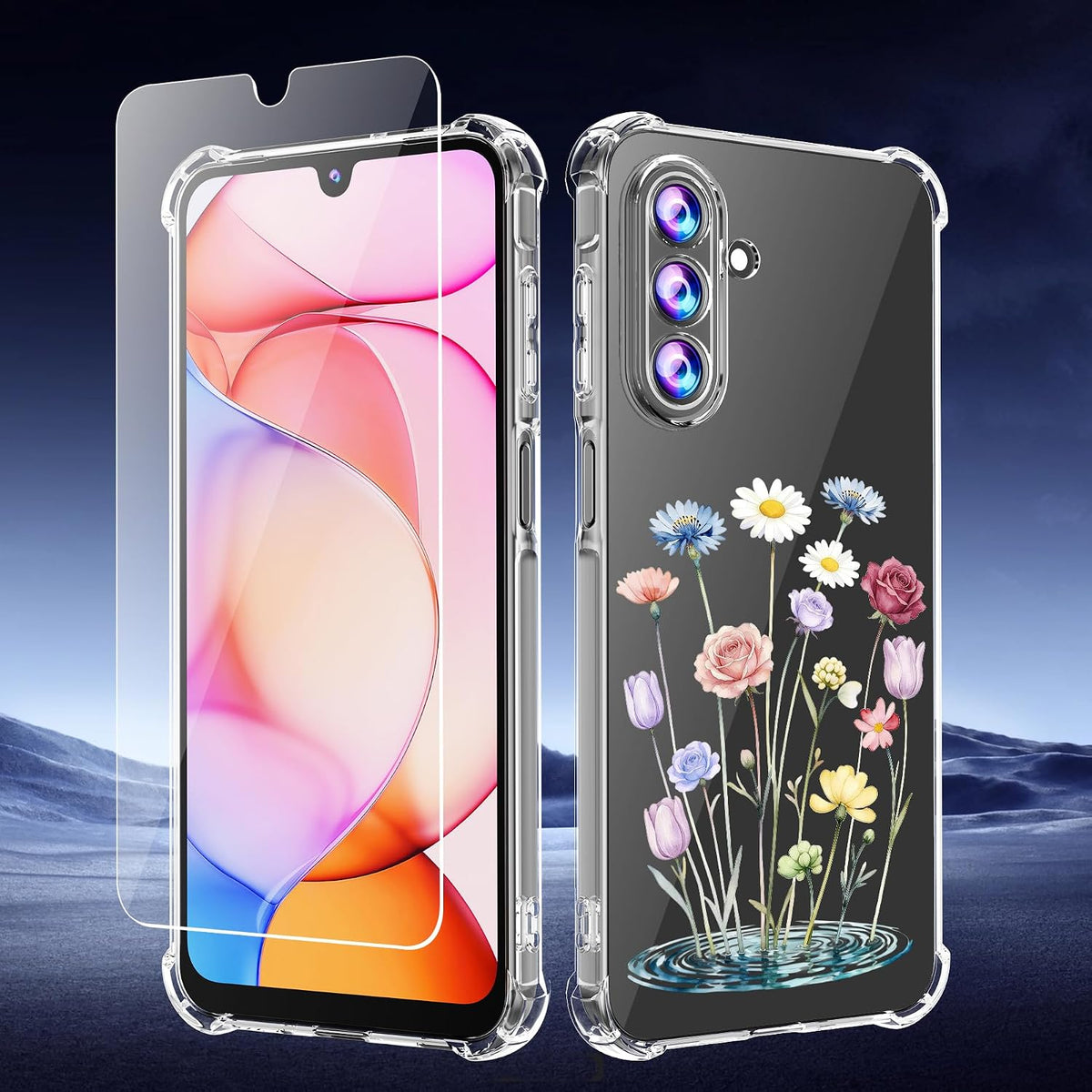 Phone Case for Samsung Galaxy A17 5G Case, Samsung A17 5G Case with Tempered Glass Screen Protector, Soft Flexible TPU Slim Fit Shockproof Phone Cover for Women Men Girl Boy (Clear-Flower)