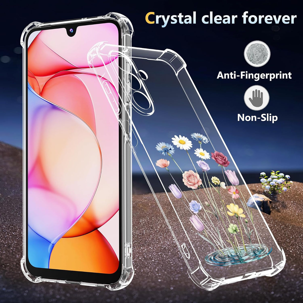 Phone Case for Samsung Galaxy A17 5G Case, Samsung A17 5G Case with Tempered Glass Screen Protector, Soft Flexible TPU Slim Fit Shockproof Phone Cover for Women Men Girl Boy (Clear-Flower)