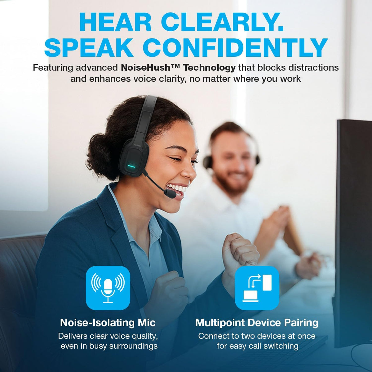 Trucker Bluetooth Headset with Microphone - Wireless Headset with Mic and Noise Canceling Technology, Adjustable Headband, for Truck Drivers, Home Office, Work and Driving
