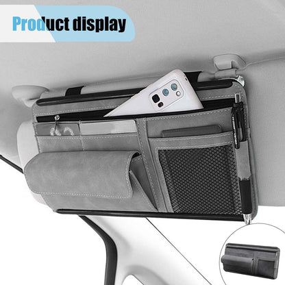 Suede Car Sun Visor Organizer with Multi-Pocket Net Zipper, Glasses Case, Sunglass Holder (Grey)