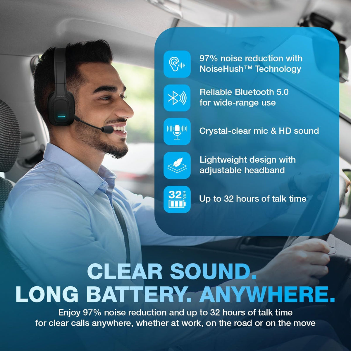 Trucker Bluetooth Headset with Microphone - Wireless Headset with Mic and Noise Canceling Technology, Adjustable Headband, for Truck Drivers, Home Office, Work and Driving